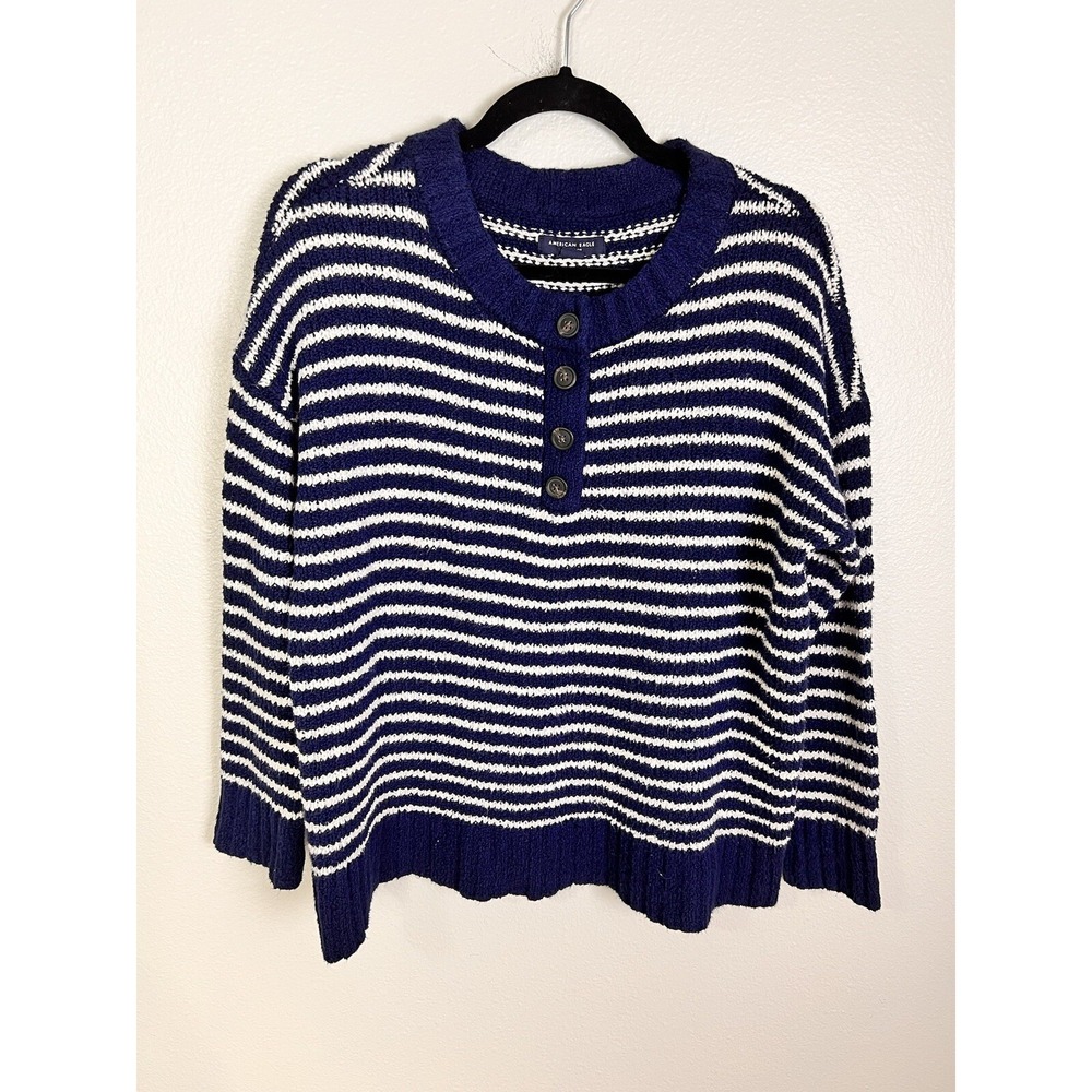 American Eagle Jegging Fit Blue White‎ Striped Button Henley Oversized Sweater M